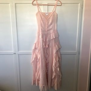 Venus Blush Pink Lace Up Ruffle Maxi Dress